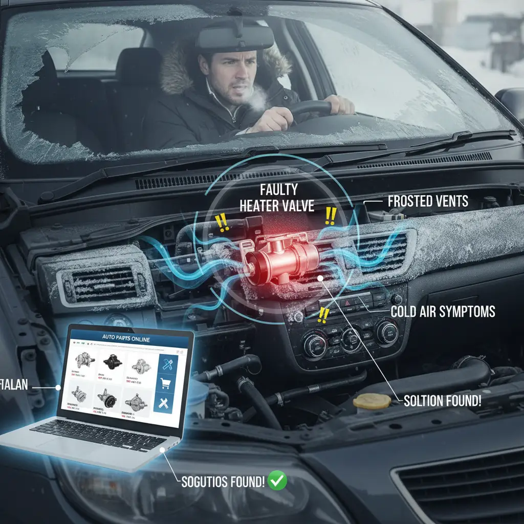 Mehaničar pregledava ventil grijača u automobilu pomoću svjetiljke i odvijača, s prikazanim kapljicama rashladne tekućine ispod motora.