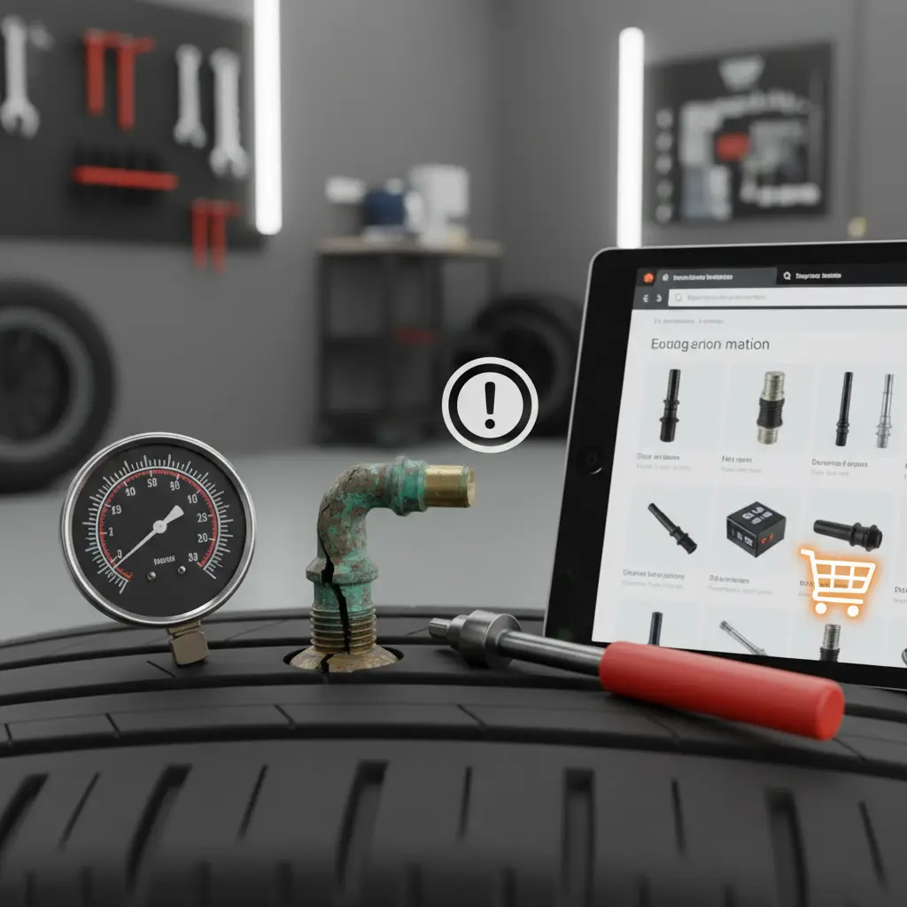 Mehaničar pregledava ventil na automobilskom kotaču, tražeći pukotine i znakove istrošenosti kako bi dijagnosticirao curenje zraka i preporučio zamjenu ili popravak.