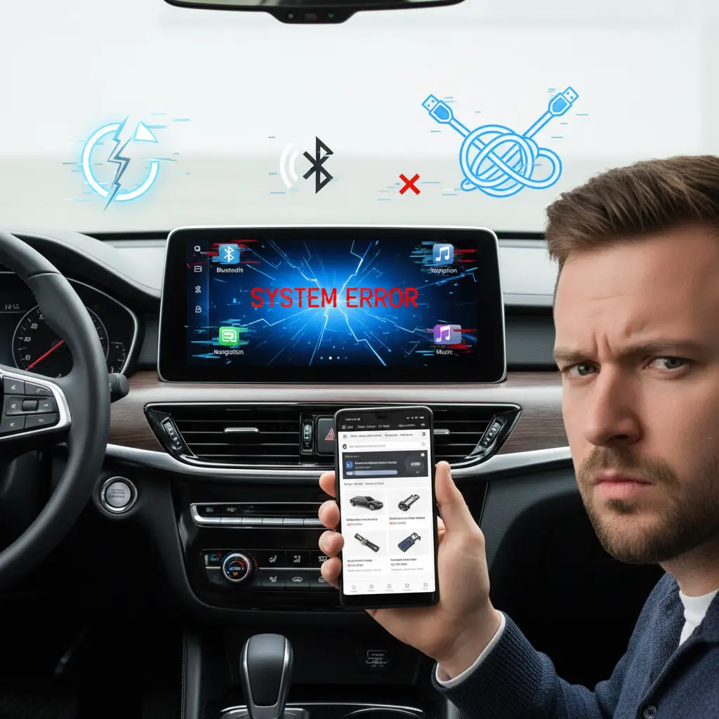 Mehaničar pregledava zaslon infotainment sustava u automobilu, dok vozač pokazuje na poruku o grešci na ekranu.