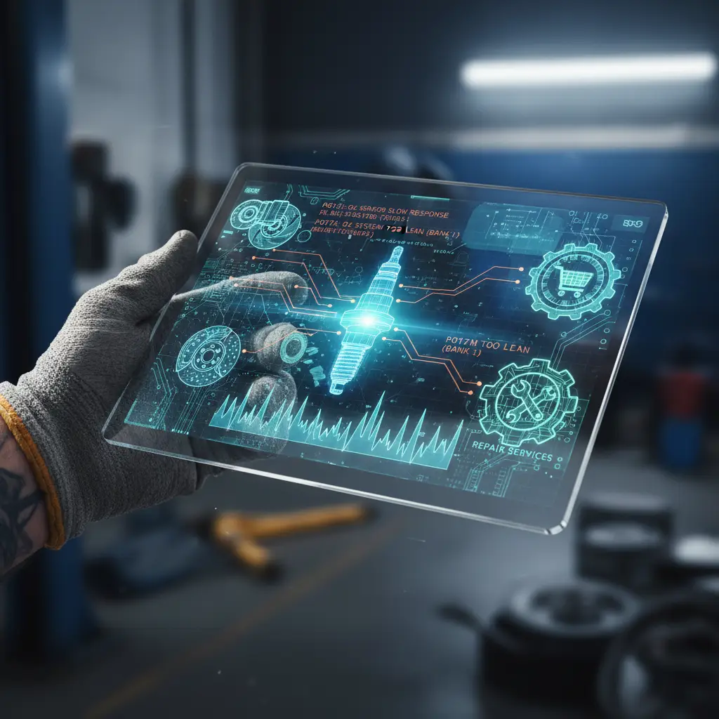 Mehaničar provjerava motor automobila s dijagnostičkim uređajem, dok se na ekranu prikazuju kodovi grešaka senzora kisika. U pozadini su vidljivi alat i rezervni dijelovi u radionici.