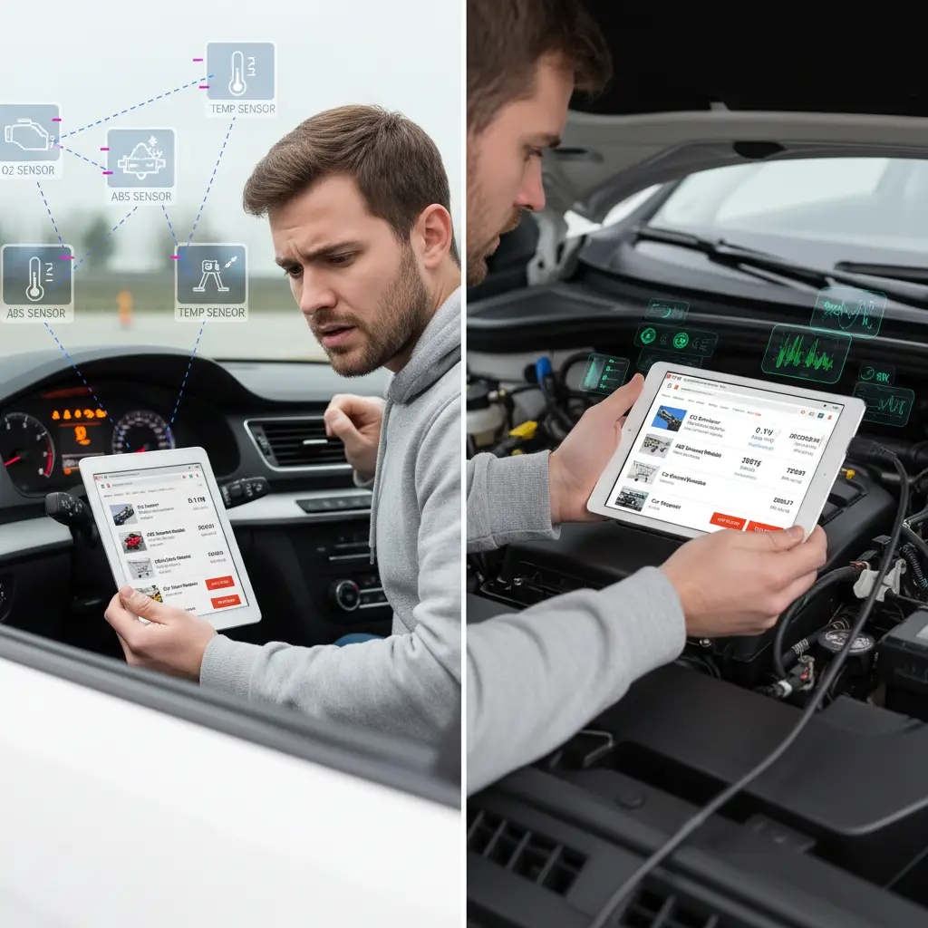 Mehaničar provjerava motor automobila s otvorenom haubom, koristeći dijagnostički uređaj za otkrivanje povremenih problema sa senzorima. Na ekranu uređaja prikazuju se razni kodovi grešaka.