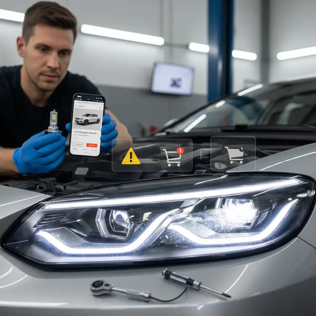 Mehaničar provjerava svjetla na automobilu pomoću multimetra kako bi identificirao kvar na dnevnim svjetlima (DRL). Na radnom stolu su razni alati i rezervne žarulje.
