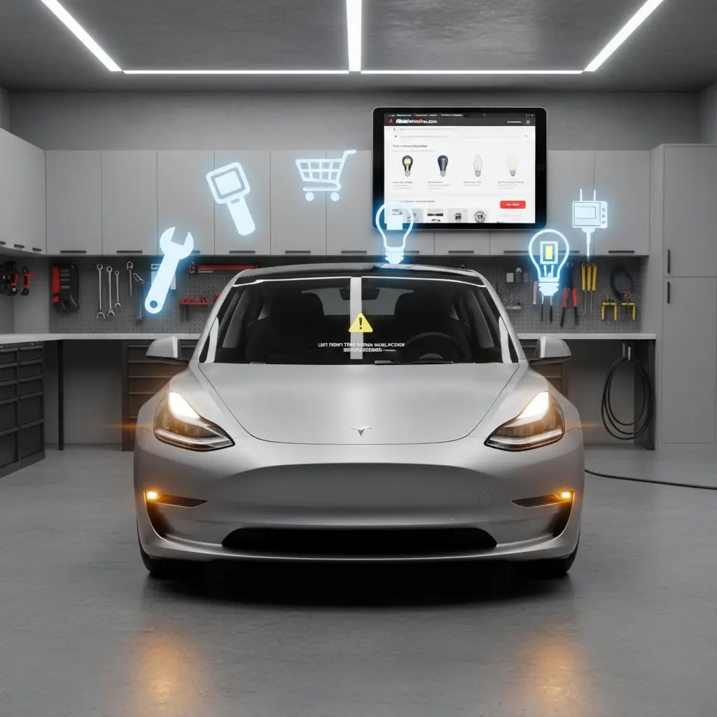 Mehaničar provjerava žarulju pokazivača smjera na automobilu, dok drugi alatima ispituje električne spojeve u motornom prostoru.