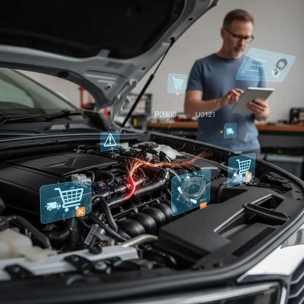 Mehaničar s lampom pregledava zamršene žice automobilskog ožičenja ispod haube, tražeći oštećenja i loše spojeve.