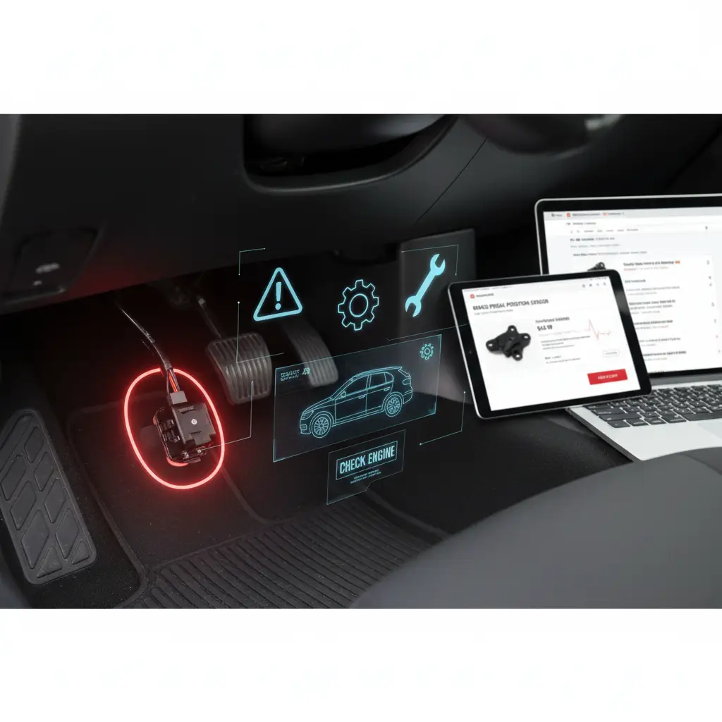 Mehaničar s rukavicama koristi multimetar za mjerenje napona na senzoru položaja papučice kočnice u automobilu, s otvorenom haubom i vidljivim dijelovima motora.