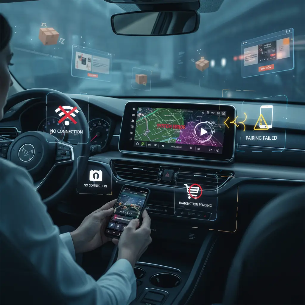Mehaničar sjedi u automobilu i proučava infotainment zaslon na kojem se prikazuje poruka o grešci, dok u ruci drži tablet za dijagnostiku kvarova.