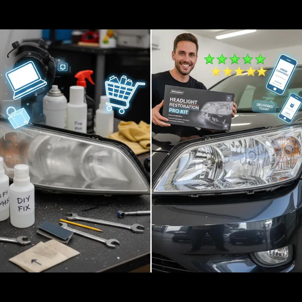 Muškarac briše zamagljeno prednje svjetlo automobila krpom, pokazujući razliku između mutnog i očišćenog dijela.