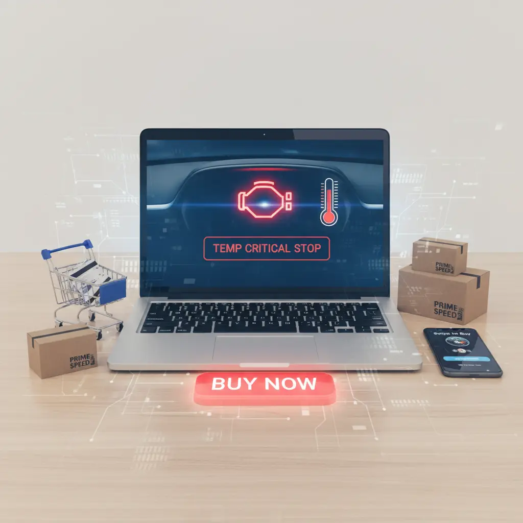 Na instrument ploči automobila svijetli crvena lampica u obliku termometra iznad valova, što označava upozorenje na visoku temperaturu motora.