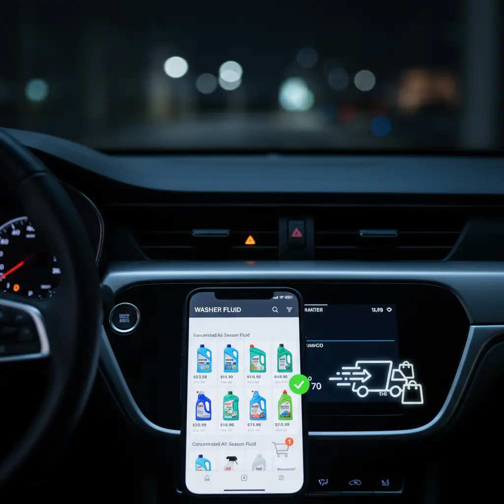 Narančasta kontrolna lampica za pranje vjetrobranskog stakla svijetli na digitalnoj instrument ploči automobila, upozoravajući vozača na nizak nivo tekućine.