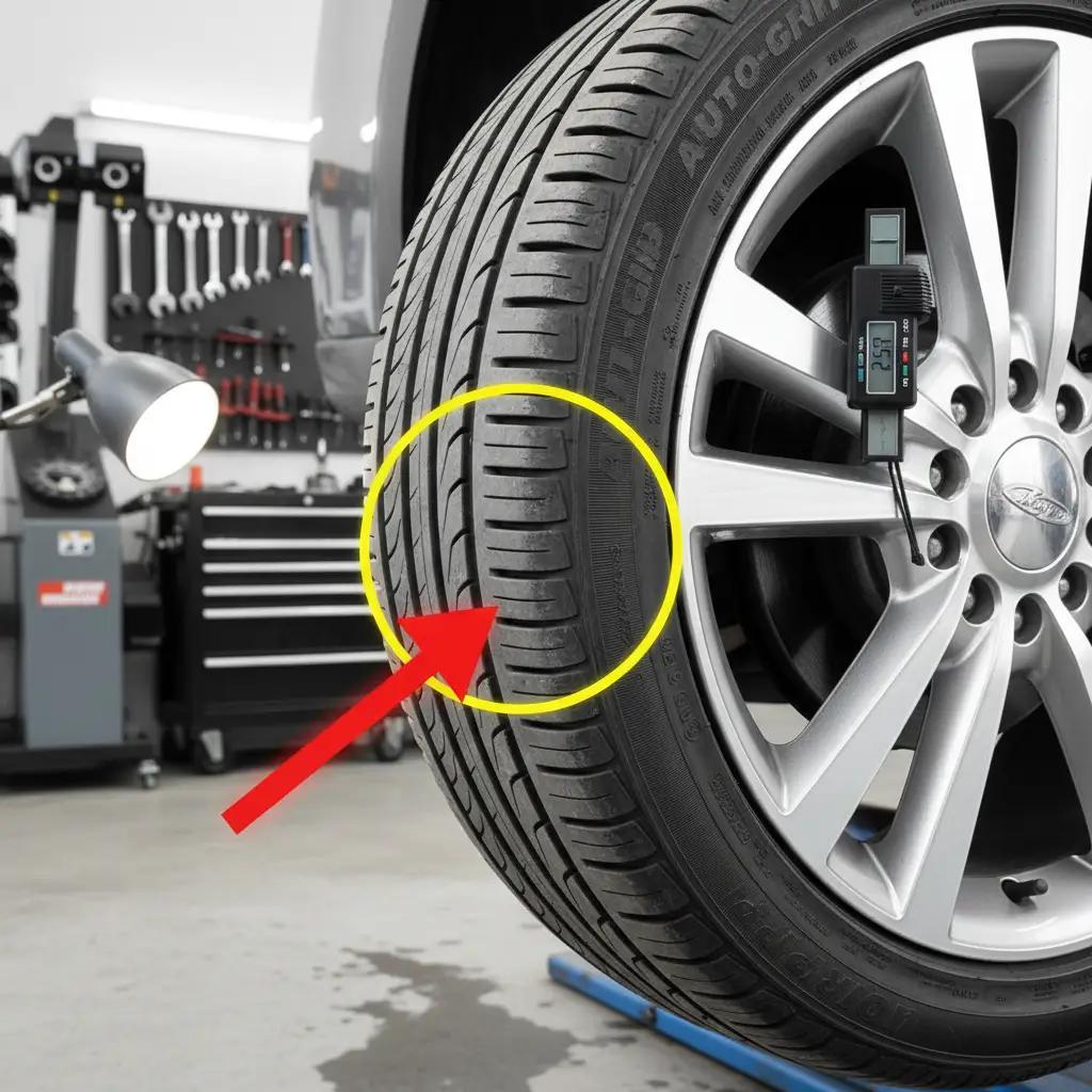 Nepravilno istrošene automobilske gume s jedne strane, uzrokovane lošom geometrijom kotača, prikazane ispred online trgovine za auto dijelove.