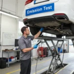 Automobil na tehničkom pregledu, prikaz neuspjele emisijske kontrole, mehaničar pokazuje uzrok. Savjeti za prolazak testa emisija ispušnih plinova.