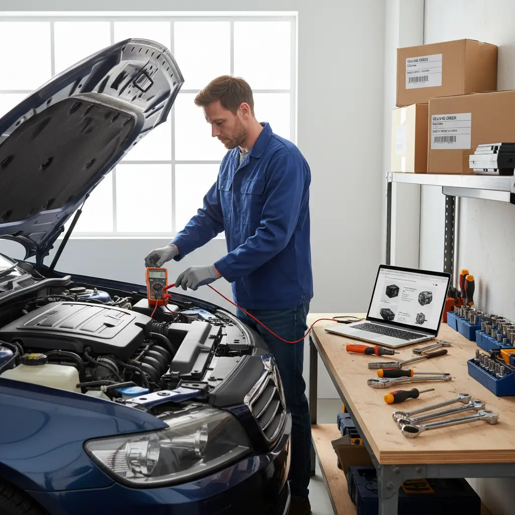 Osoba koristi multimetar kako bi provjerila ispravnost alternatora na automobilu s podignutom haubom, prikazujući korak po korak DIY testiranje.