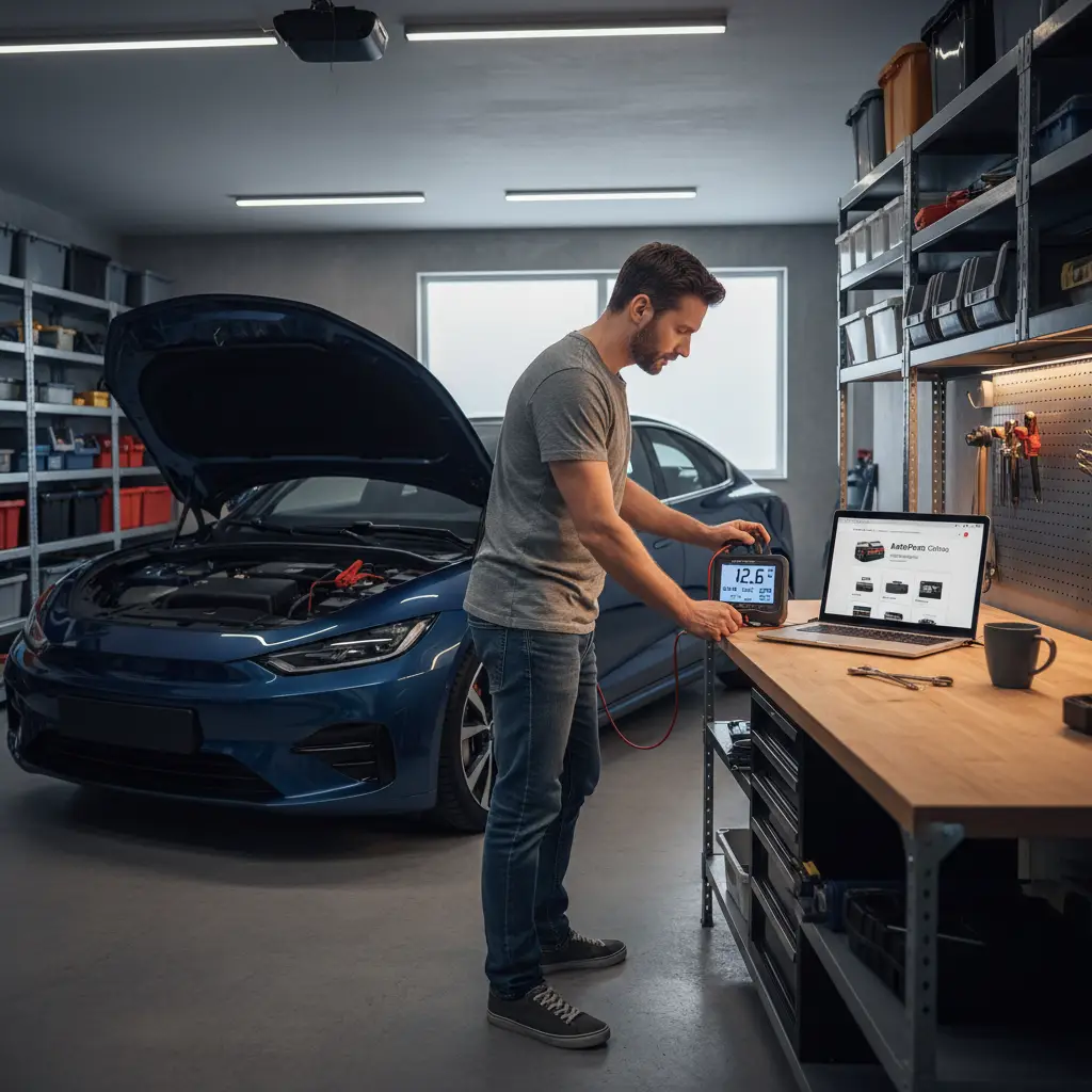 Osoba koristi multimetar za mjerenje napona automobilske baterije u garaži, dok su priključci pažljivo spojeni na polove baterije. Na stolu su vidljivi priručnik i zaštitne rukavice.