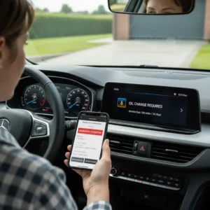 Podsjetnik za održavanje vozila prikazan uz online narudžbu dijelova, digitalni kalendar, rezervacija servisa i mobilna aplikacija za kupnju.