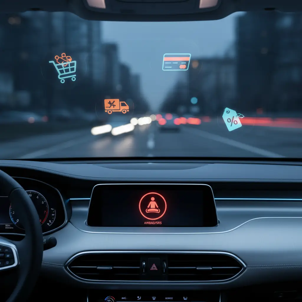 Prikaz instrument ploče automobila s upaljenom lampicom za zračni jastuk/SRS, upozoravajući vozača na mogući kvar sigurnosnog sustava.