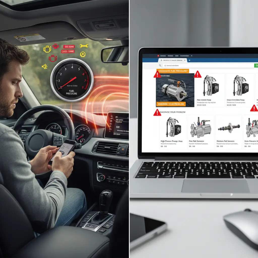 Prikaz motora automobila s manometrom spojenim na dovod goriva, uz istaknute znakove curenja goriva i upozoravajući simbol na instrument ploči.