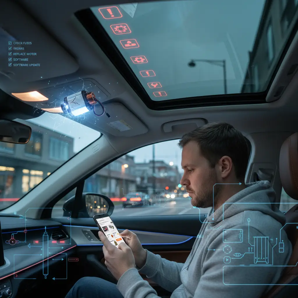 Prikaz unutrašnjosti automobila gdje vozač pokušava otvoriti sunčani krov koji je zapeo, s alatom za popravak na sjedalu.