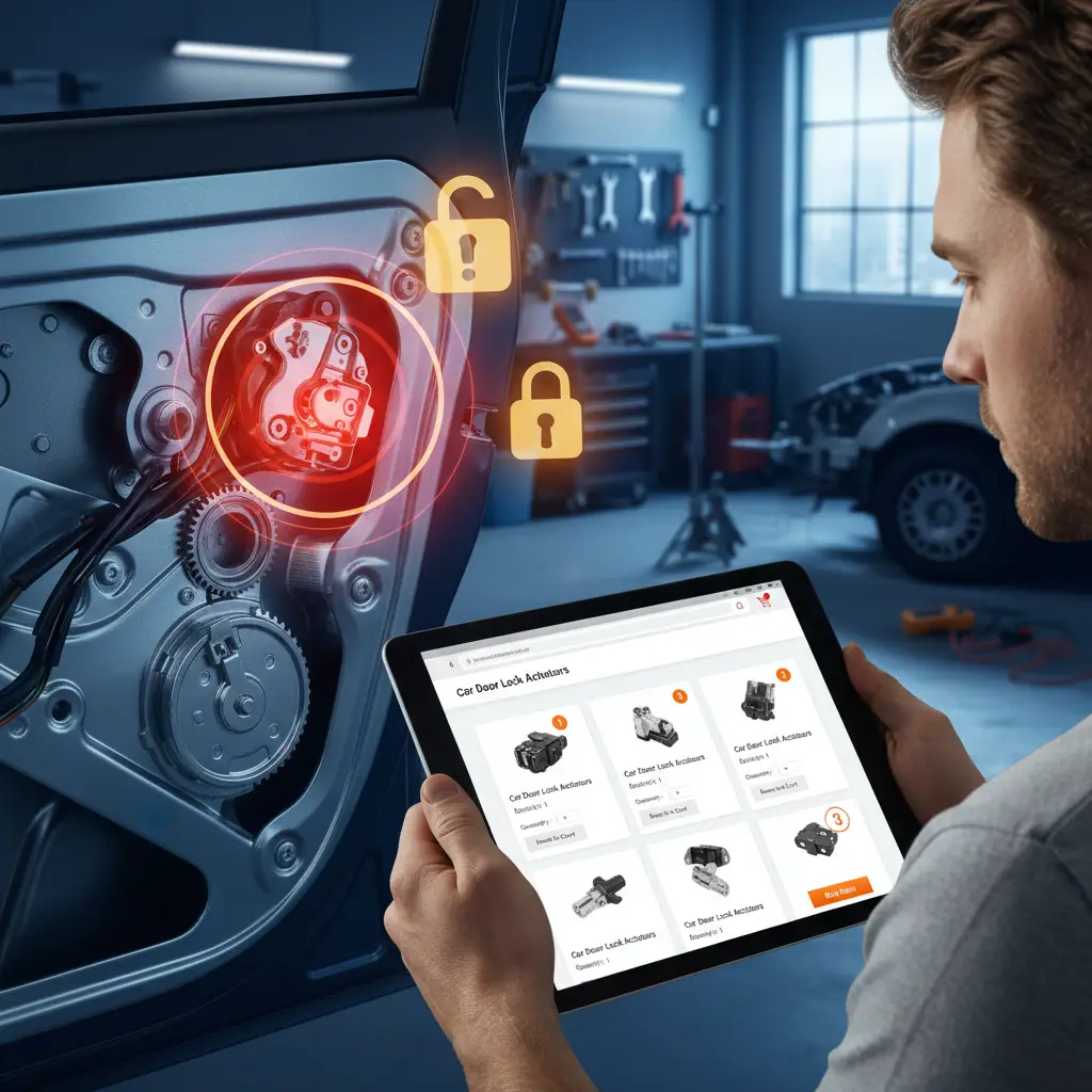 Prikaz vozačevih vrata automobila s otvorenom unutarnjom panelom, na kojoj je vidljiv neispravan aktuator brave i alat za dijagnostiku i zamjenu dijelova.