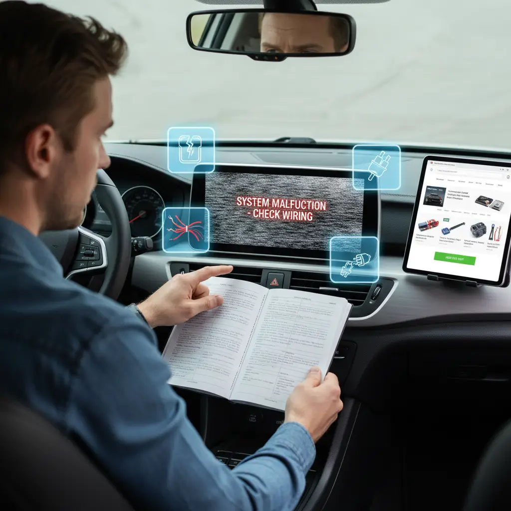 Ruka pokušava uključiti auto radio koji ne radi, dok su ispod konzole vidljivi razbacani električni kablovi i osigurači.