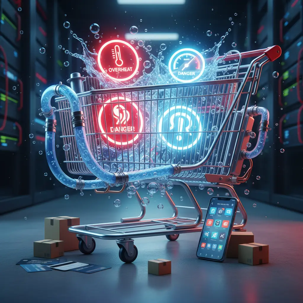 Shema automobila prikazuje rashladni sustav s istaknutim znakovima prevelikog tlaka, poput napuhanog crijeva i pare koja izlazi iz hladnjaka. Strelice ukazuju na moguće uzroke, uključujući začepljene prolaze, neispravan termostat i curenje brtvi.