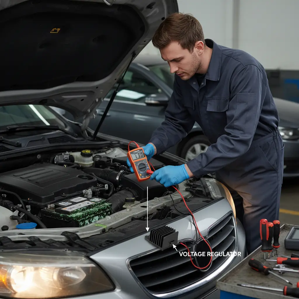Simptomi lošeg regulatora napona: treperenje svjetala, slaba baterija, nestabilan rad motora—testiranje i popravak dostupni za online kupovinu.