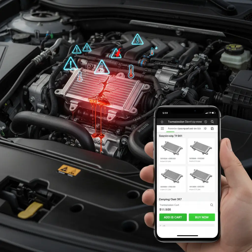 Slika prikazuje automobil s otvorenom haubom, dok mehaničar pregledava hladnjak ulja za prijenos, a na tlu su vidljive masne mrlje koje ukazuju na curenje ulja.