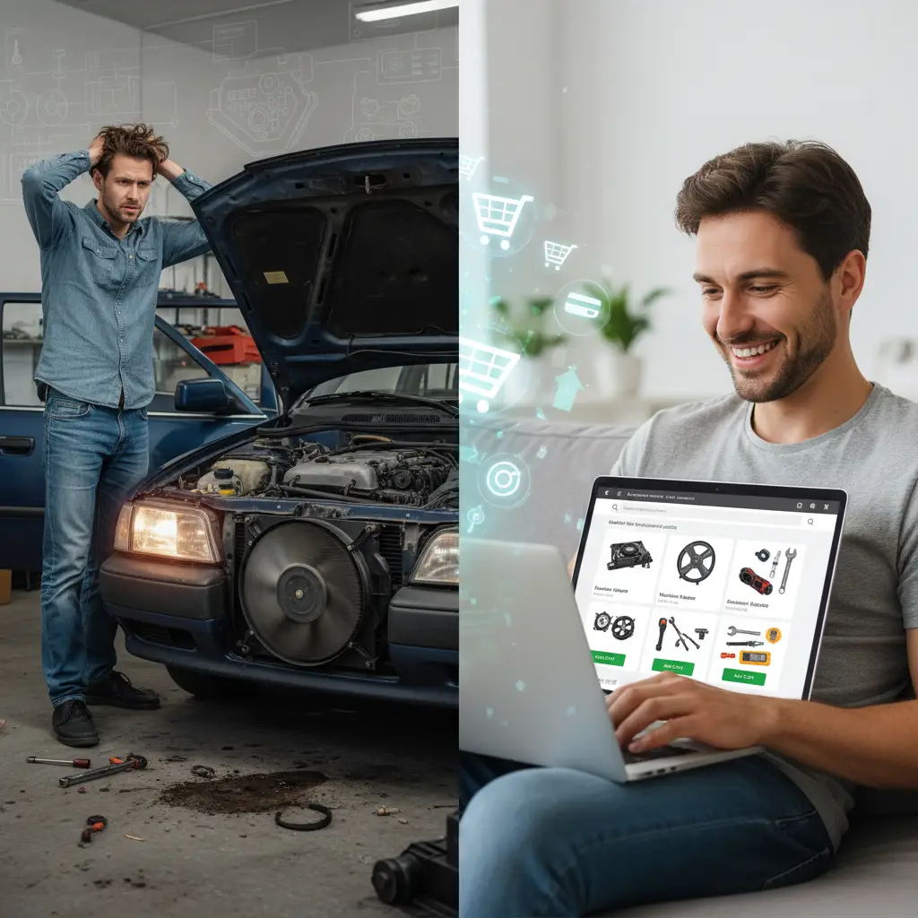 Slika prikazuje automobil s otvorenom haubom, gdje mehaničar provjerava radijatorski ventilator koji neprestano radi; strelicama su označeni mogući uzroci poput neispravnog senzora temperature i električnih spojeva.