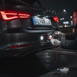 Kupovina LED svjetala za registarske pločice online; prikaz zamjene neispravnih svjetala i alata potrebnih za popravak automobila.