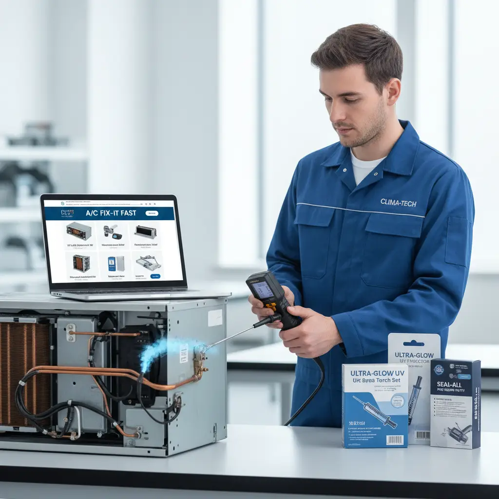 Tehničar koristi elektronički detektor za pronalaženje curenja rashladnog plina na cijevima klima uređaja u kućnom okruženju.