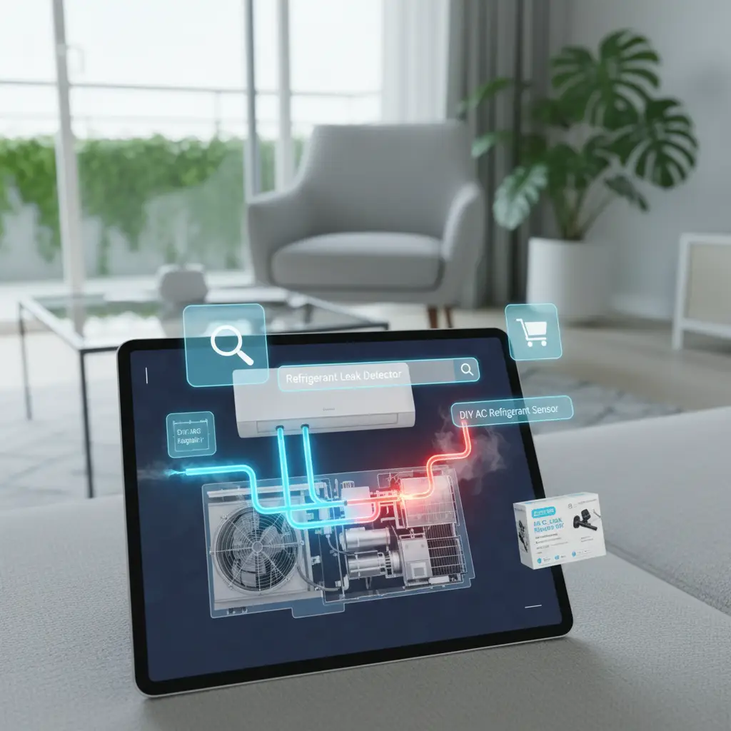 Tehničar koristi UV lampu za otkrivanje curenja rashladnog plina na cijevima klima uređaja, dok zaštitne naočale štite njegove oči. Fluorescentna boja jasno pokazuje mjesto curenja na spoju cijevi.