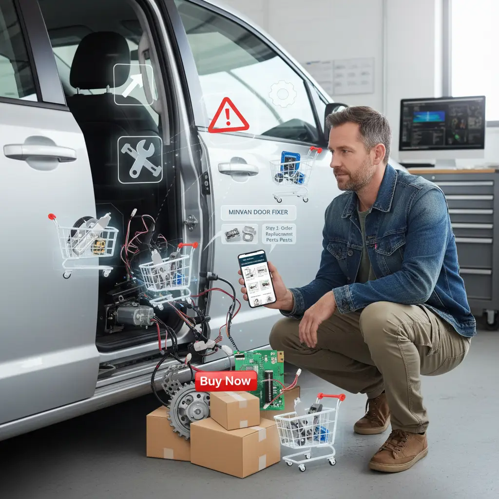 Tehničar pregledava električne klizna vrata automobila pomoću dijagnostičkog alata, tražeći uzrok kvara u sustavu vrata.