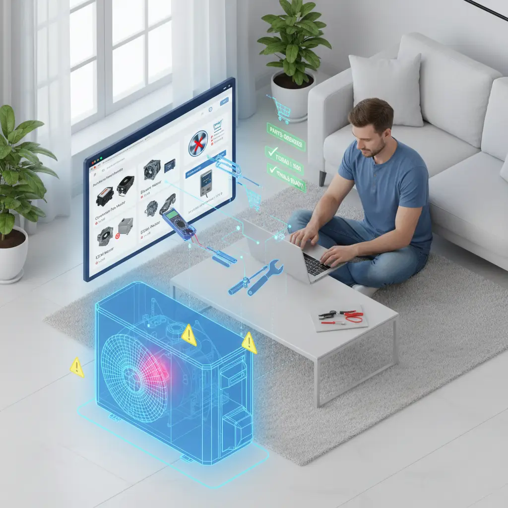 Tehničar pregledava ventilator klima uređaja, držeći multimetar i provjerava žice motora kako bi otkrio moguće kvarove. U pozadini se vidi otvorena jedinica A/C s izloženim komponentama.