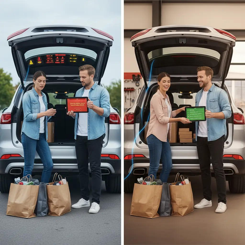 Tehničar provjerava električne priključke na stražnjem dijelu automobila dok prtljažnik ostaje otvoren, tražeći uzroke neispravnog rada automatskog otvaranja.