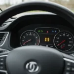 Lampica upozorenja pritiska u gumama (TPMS) prikazana na ekranu automobila, uz prikaz mogućnosti online kupovine novih guma.