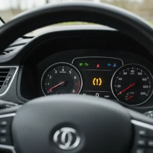 Lampica upozorenja pritiska u gumama (TPMS) prikazana na ekranu automobila, uz prikaz mogućnosti online kupovine novih guma.