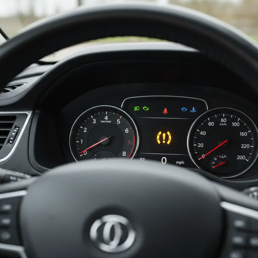 Lampica upozorenja pritiska u gumama (TPMS) prikazana na ekranu automobila, uz prikaz mogućnosti online kupovine novih guma.