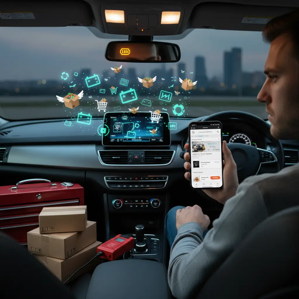 U automobilu na kontrolnoj ploči svijetli lampica upozorenja za bateriju, dok vozač zabrinuto gleda instrumente.
Lampica akumulatora povremeno se pali tijekom vožnje, što upućuje na moguće probleme s električnim sustavom vozila.