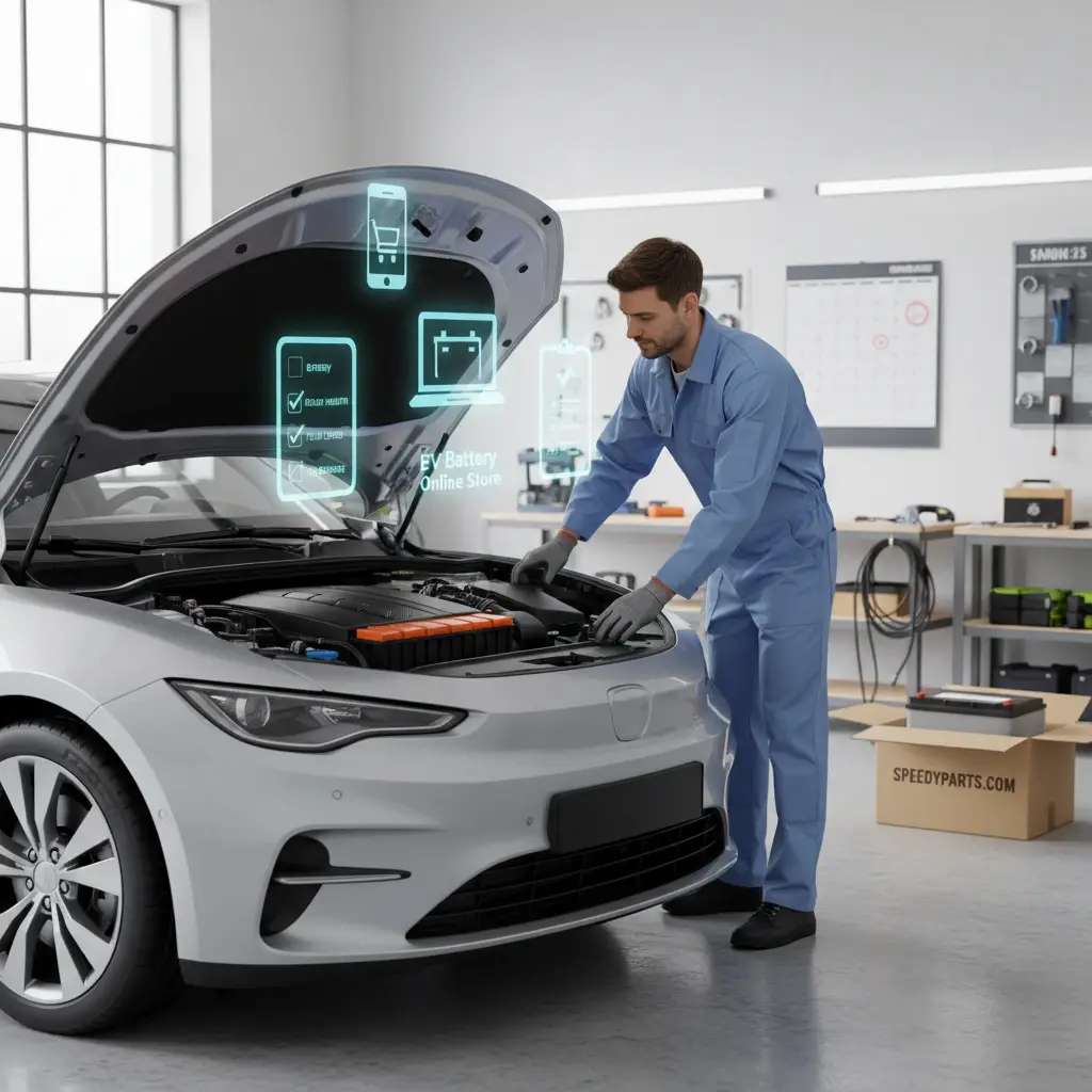 Vozač otvara poklopac automobila i provjerava stanje akumulatora, okružen alatom za održavanje. Tekst na slici: 