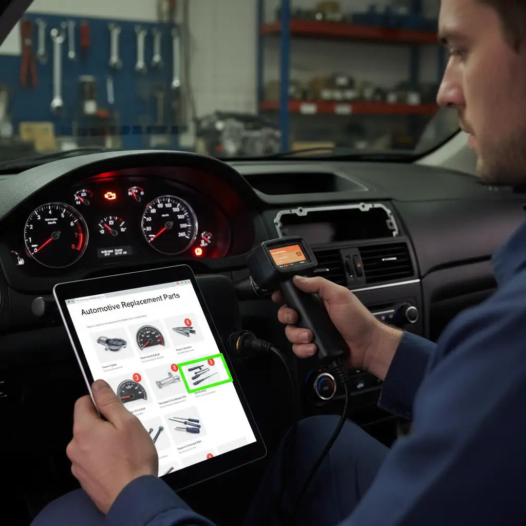 Vozač pažljivo promatra instrument ploču automobila dok jedna od kazaljki pokazuje neispravne vrijednosti, a u ruci drži multimetar za dijagnosticiranje kvara.