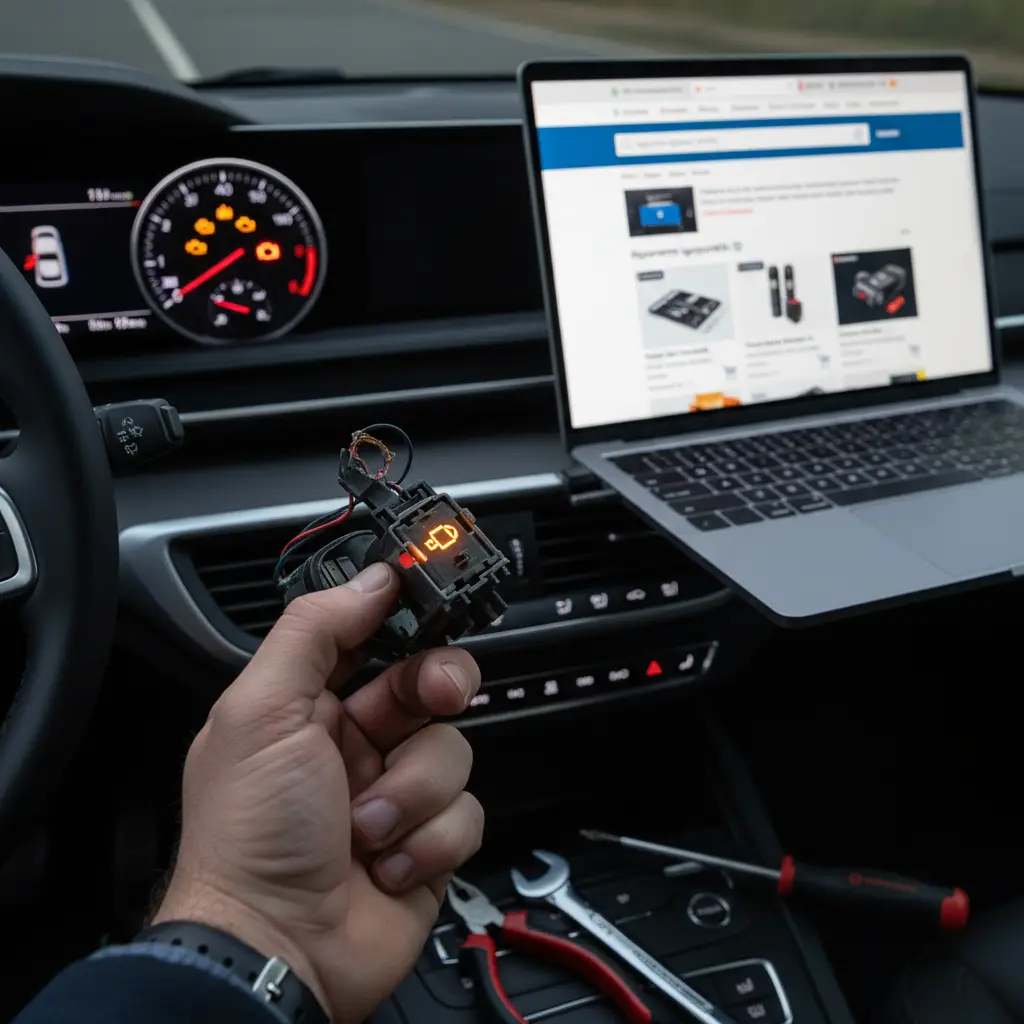 Vozač pokušava upaliti automobil, ali se instrument ploča ne osvjetljava, a ključ je u položaju za paljenje; simbolizira simptome pokvarenog kontakt brave.