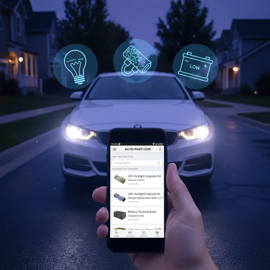 Vozač pregledava prednja svjetla automobila na parkiralištu noću, pokušavajući otkriti zašto su svjetla prigušena.
Automobil s prigušenim farovima stoji u sumraku, dok osoba provjerava spojeve na svjetlima.