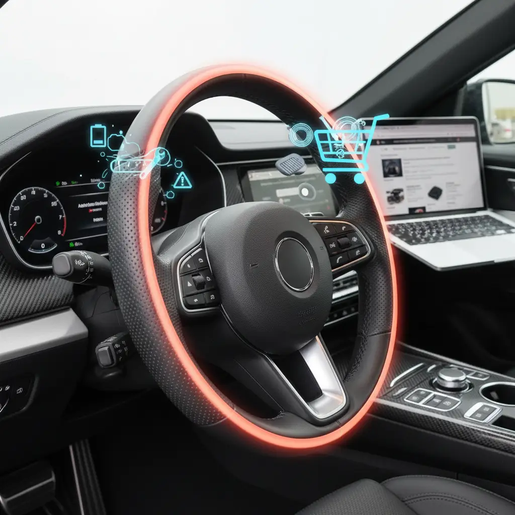 Vozač provjerava električne spojeve ispod upravljača automobila kako bi dijagnosticirao kvar na grijanoj volanu. Na slici se vide alati i odvojeni plastični dio upravljača.