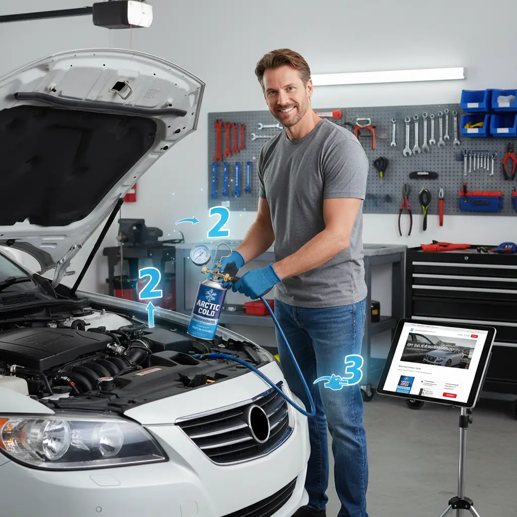 Vozač puni klima uređaj automobila pomoću seta za nadopunu rashladnog plina, dok kapuljača vozila stoji otvorena na prilazu. Alat i limenka rashladnog sredstva jasno su vidljivi u rukama osobe.