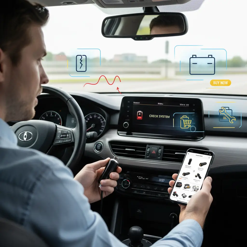 Vozač sjedi u automobilu i pokušava upaliti radio, dok su svi električni dodaci na kontrolnoj ploči ugašeni zbog mogućeg kvara na električnoj instalaciji.