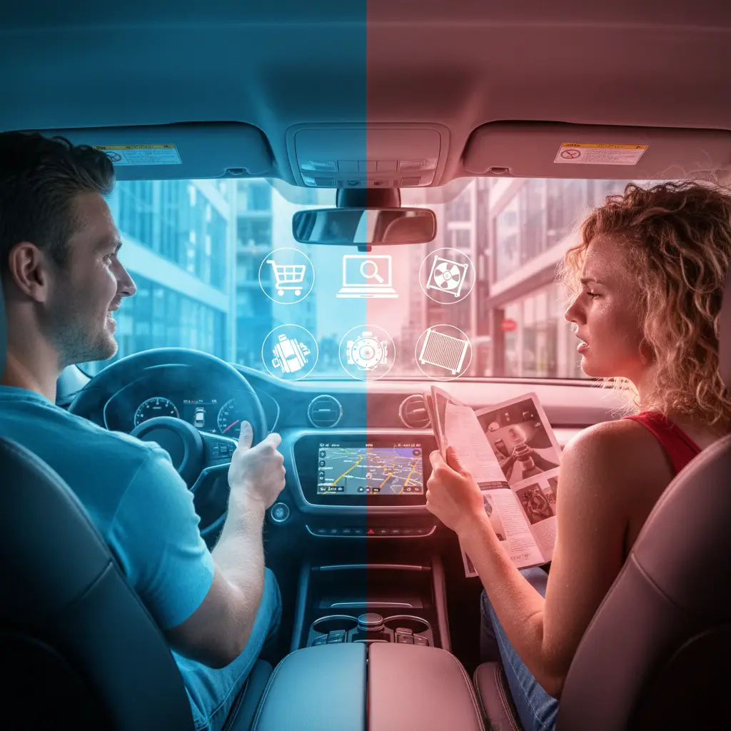 Vozač sjedi u automobilu i primjećuje da klima uređaj izduvava vruć zrak samo s jedne strane, dok druga strana puše hladno, uz zabrinut izraz lica.