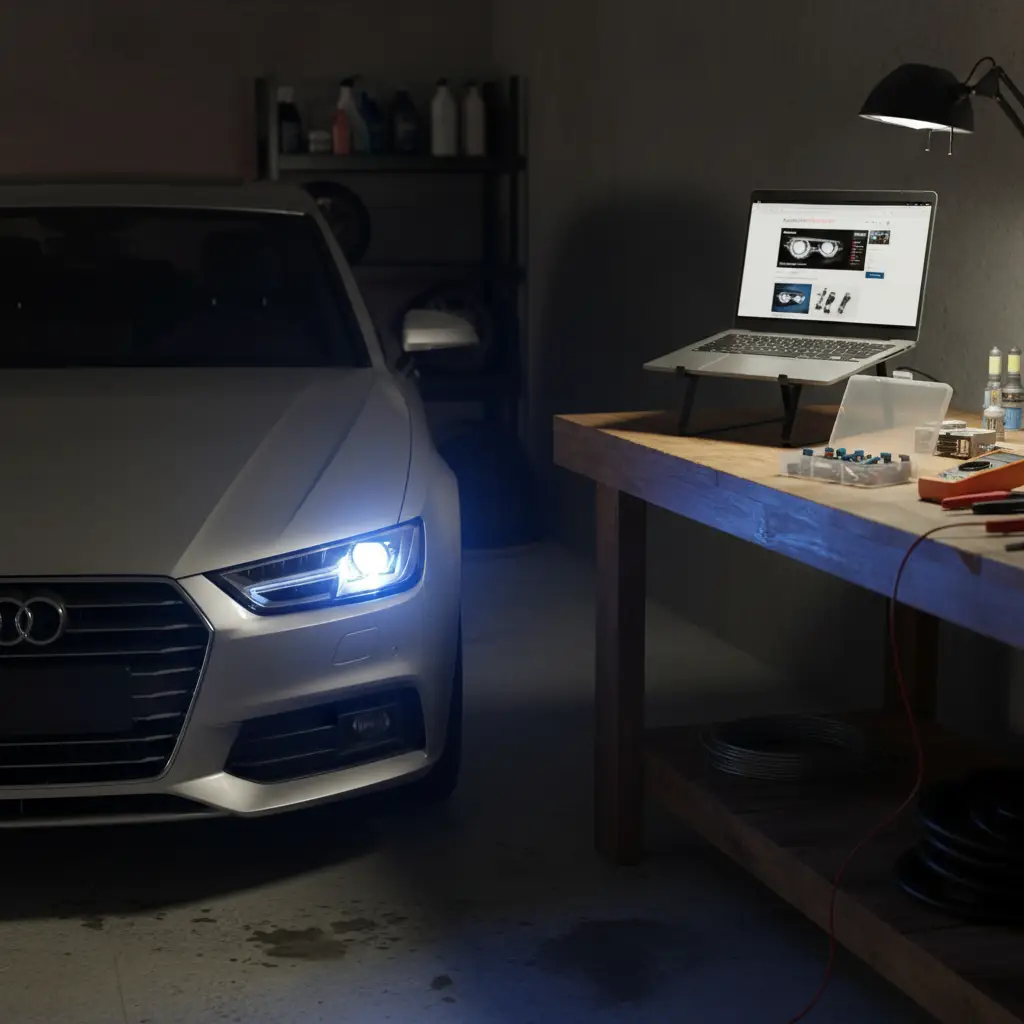 Vozač stoji ispred automobila s upaljenim kratkim svjetlima, dok pokušava provjeriti zašto dugo svjetlo ne radi na jednom faru. Na tlu su razbacani alati i kutija s osiguračima.