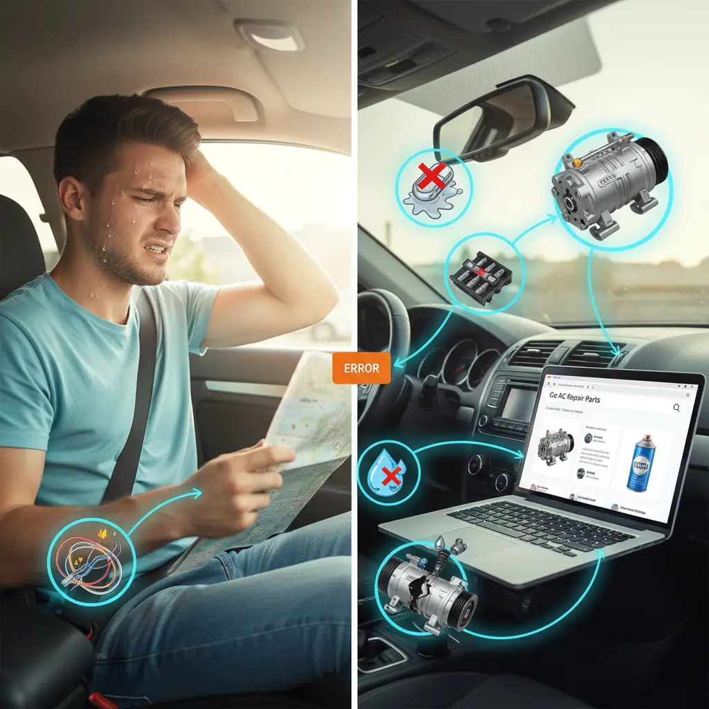 Vozač u automobilu bezuspješno pokušava uključiti klima uređaj, dok sunčeva svjetlost sija kroz prozor, a lice mu odražava frustraciju zbog vrućine.