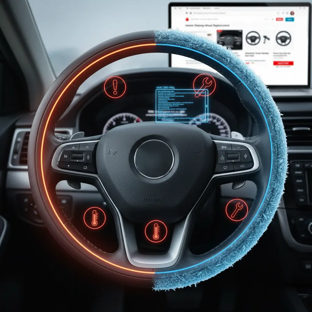 Vozač u automobilu drži ruke na upravljaču dok indikator za grijanje volana svijetli, a dijagnostički alat prikazuje kodove grešaka na ekranu.