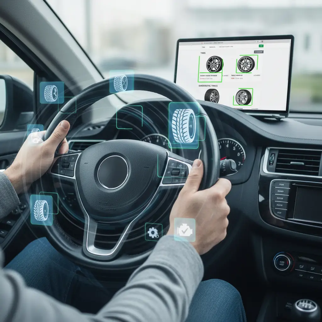 Vozač u automobilu drži volan koji se vidljivo trese dok vozi cestom, a u pozadini se vide kotači i gume u pokretu. Tekst na slici glasi: