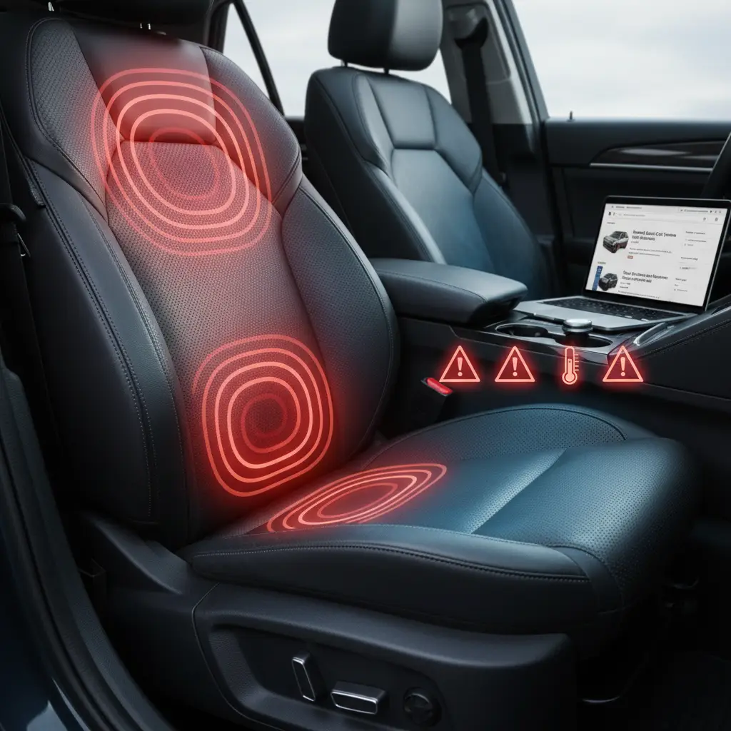 Vozač u automobilu zabrinuto dodiruje sjedalo, dok na kontrolnoj ploči trepće lampica za grijanje sjedala, prikazujući mogući kvar sustava.